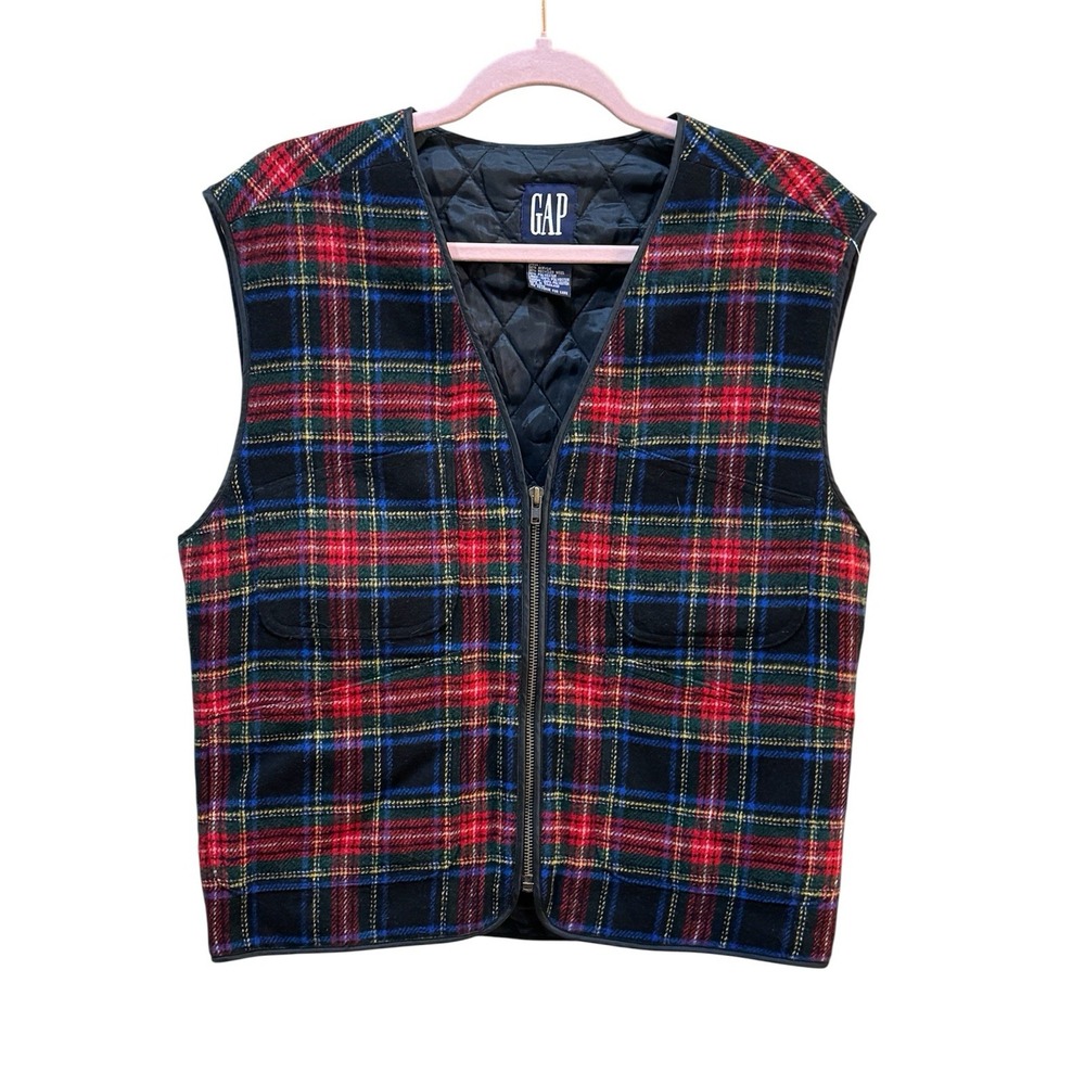 Vintage Gap Tartan Plaid Quilted Puffer Best Wool Blend Size Small Holiday